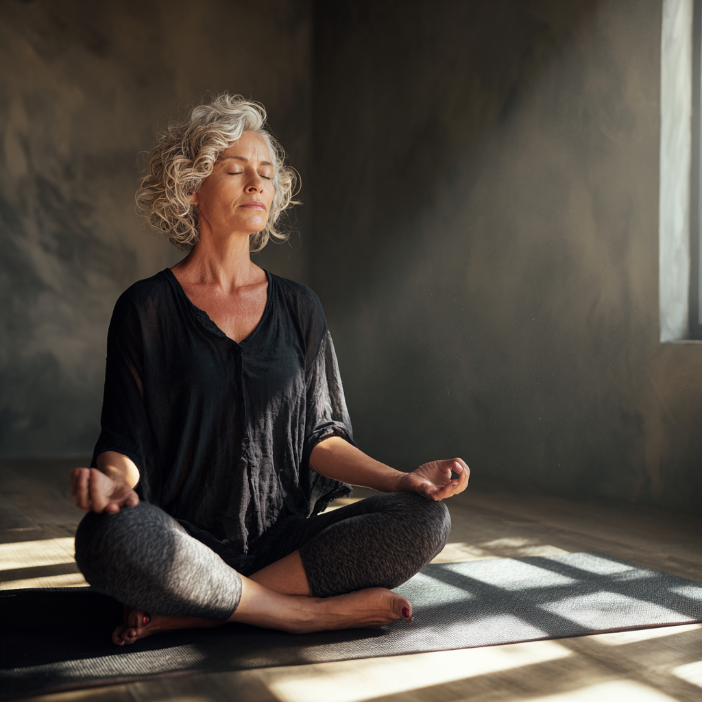 Mature woman practicing meditation in peaceful yoga studio
