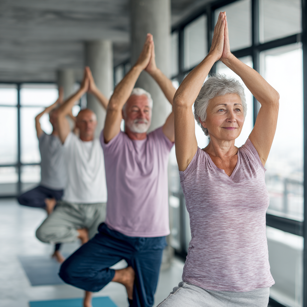 Senior adults practicing yoga poses in modern studio environment